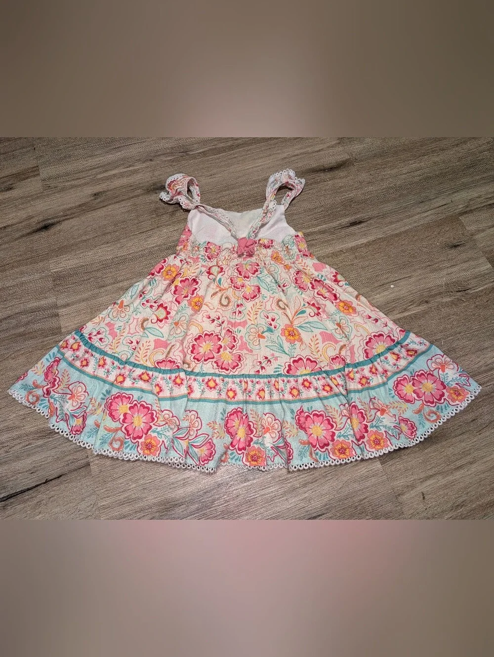 Shabby Chic Pink Seafoam Green Smocked Floral Sundress Lace Trim Girls 3T